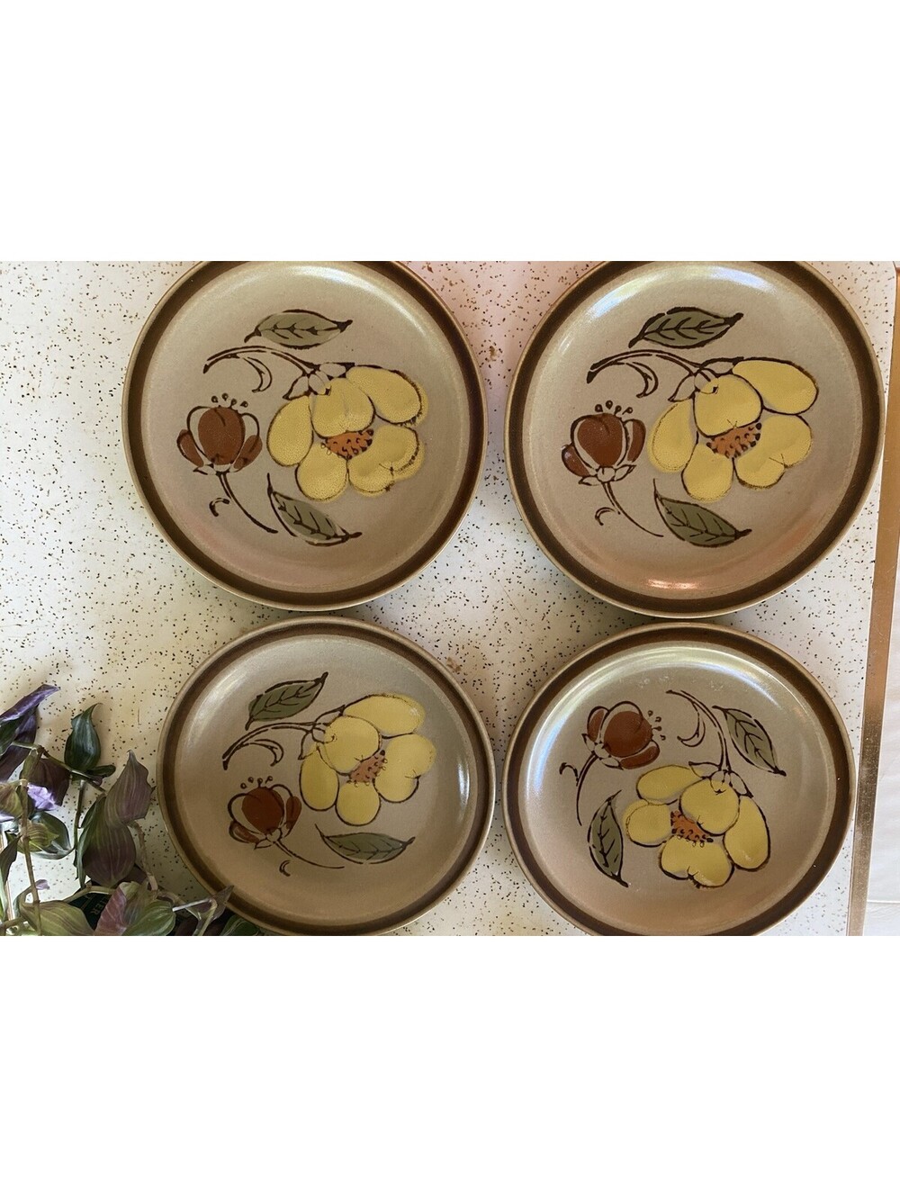 4 piece Granada Japanese Stoneware 8” Salad Dishes Brown Dogwood Flower Vintage